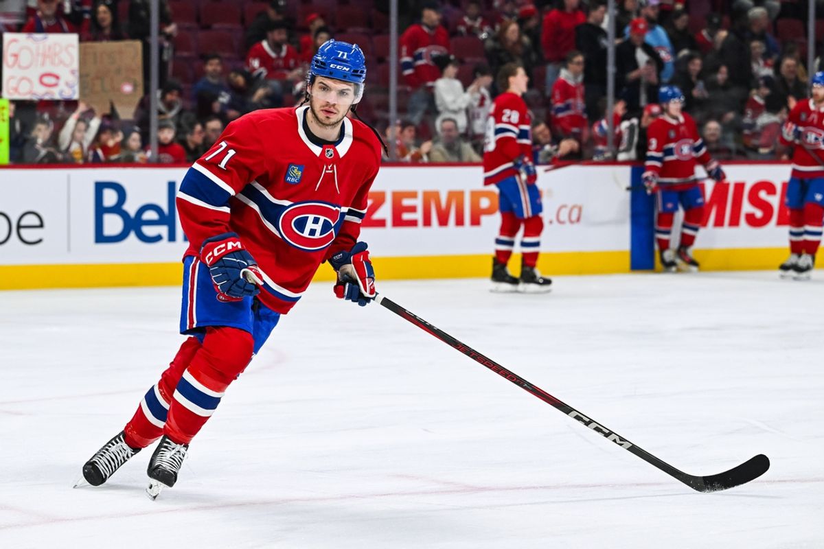 Feb 8, 2025; Montreal, Quebec, CAN; Montreal Canadiens center Jake Evans (71) skates during warm-up before the game against the New Jersey Devils at Bell Centre. Mandatory Credit: David Kirouac-Imagn Images