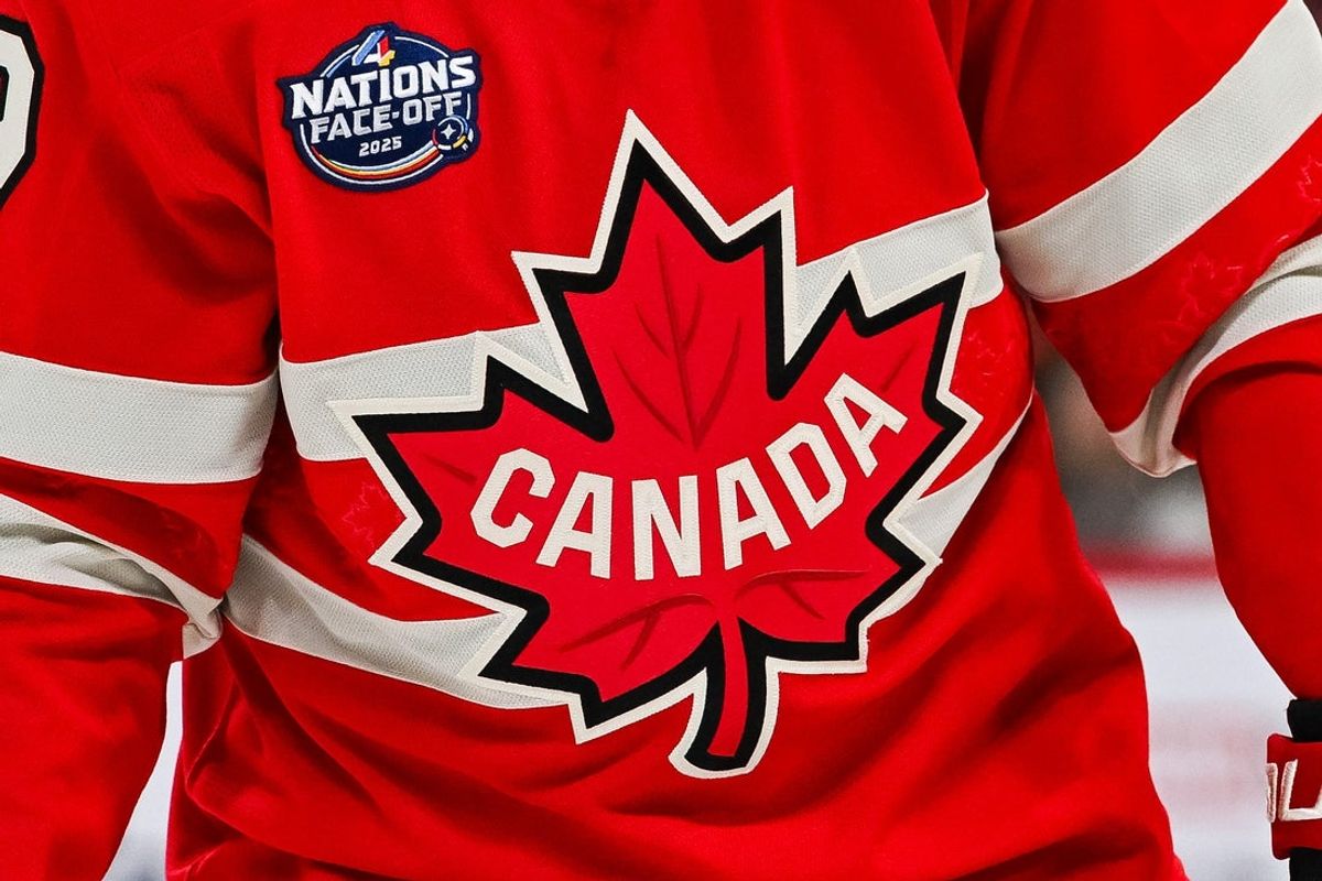 Feb 12, 2025; Montreal, Quebec, CAN; [Imagn Images direct customers only] View of a Team Canada logo on a jersey worn by a member of the team during a 4 Nations Face-Off ice hockey game at Bell Centre. Mandatory Credit: David Kirouac-Imagn Images