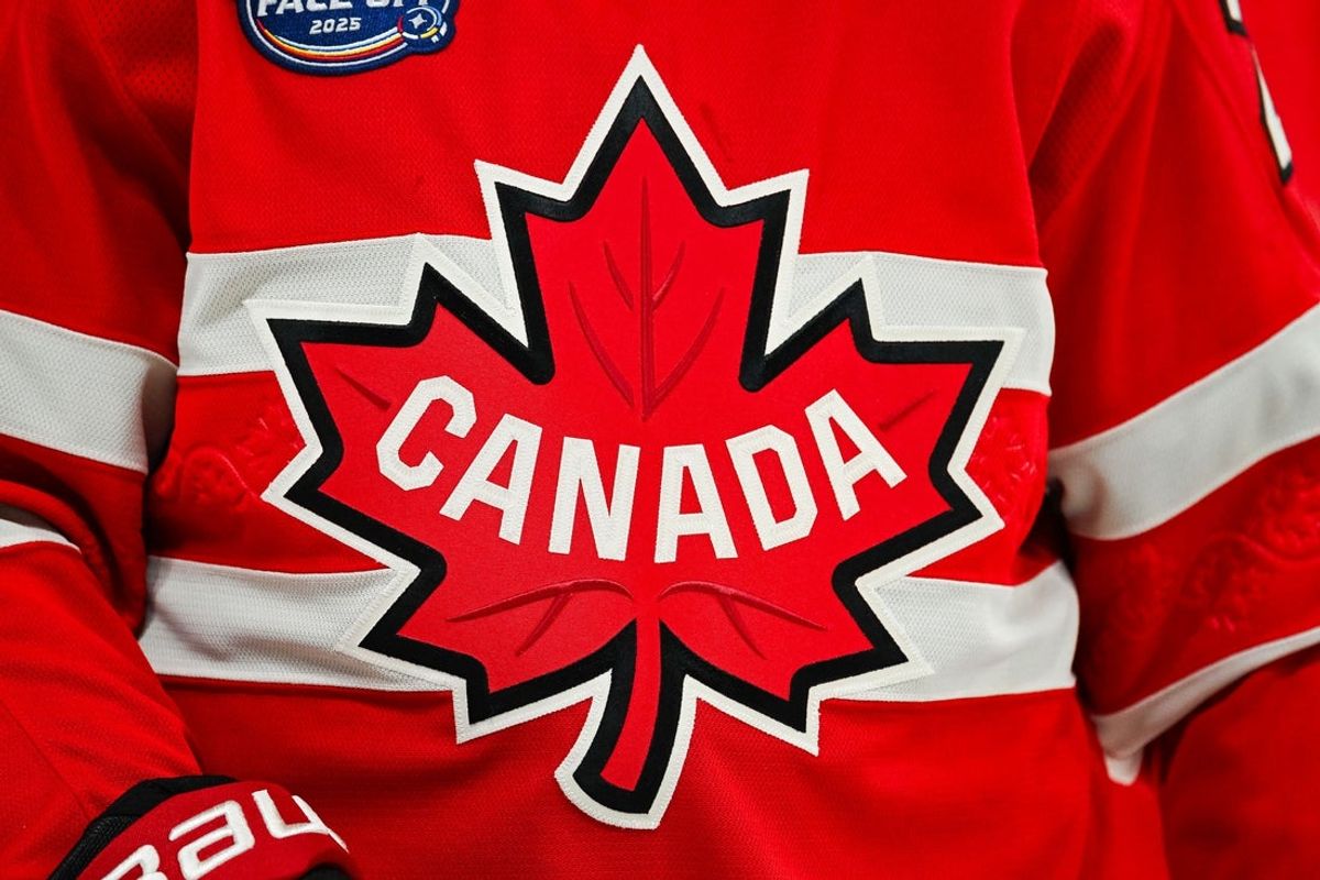 Feb 12, 2025; Montreal, Quebec, CAN; [Imagn Images direct customers only] View of a Team Canada logo on a jersey worn by a member of the team during a 4 Nations Face-Off ice hockey game at Bell Centre. Mandatory Credit: David Kirouac-Imagn Images