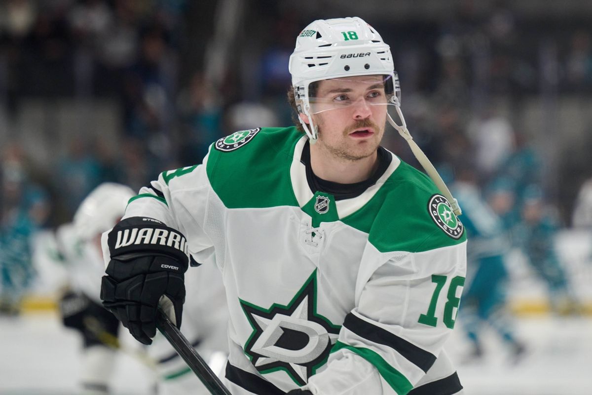 Feb 8, 2025; San Jose, California, USA; Dallas Stars center Sam Steel (18) warms up before the game against the San Jose Sharks at SAP Center at San Jose. Mandatory Credit: Robert Edwards-Imagn Images