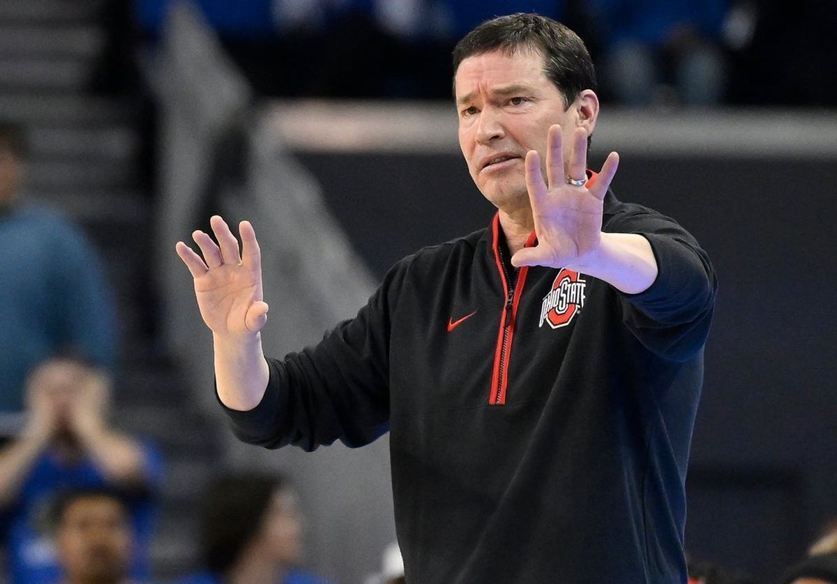 Feb 5, 2025; Los Angeles, California, USA; Ohio State Buckeyes head coach Kevin McGuff during an NCAA basketball game against the UCLA Bruins at Pauley Pavilion presented by Wescom. Mandatory Credit: Robert Hanashiro-Imagn Images