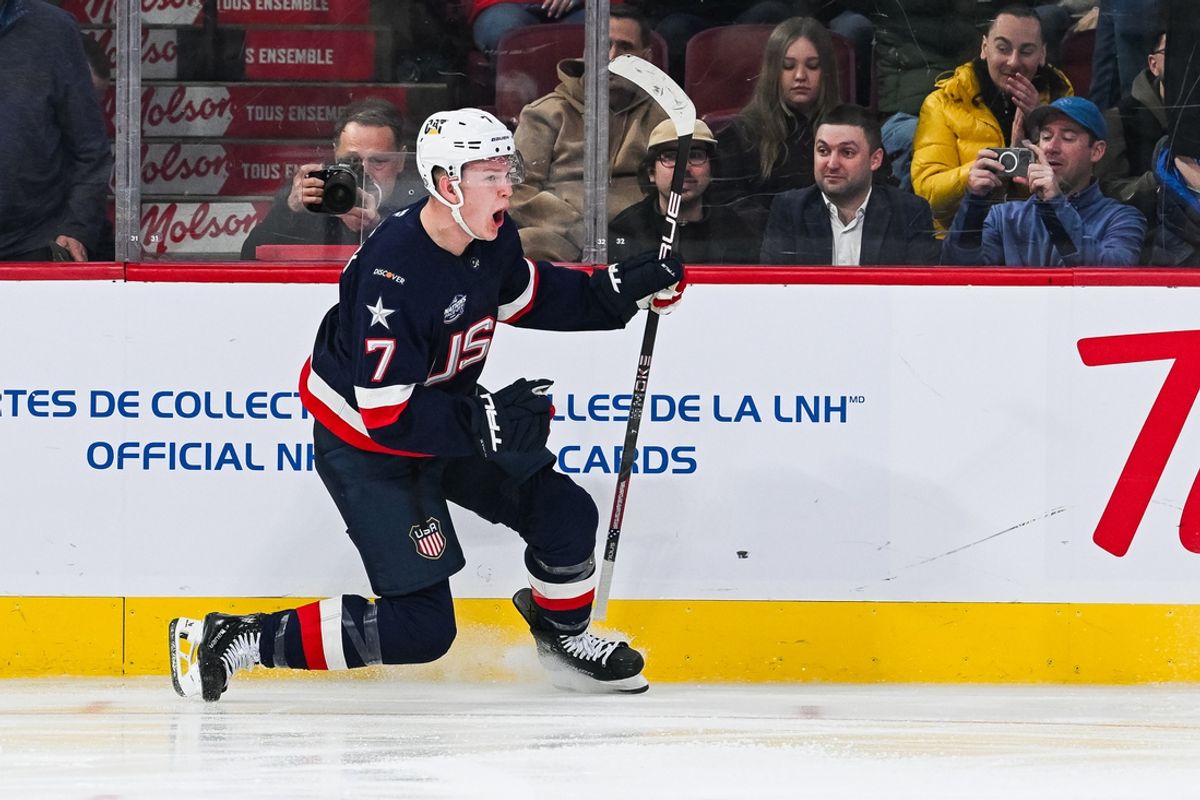 Feb 13, 2025; Montreal, Quebec, CAN; [Imagn Images direct customers only] Team USA forward Brady Tkachuk (7) celebrates his goal against Team Finland in the third period during a 4 Nations Face-Off ice hockey game at Bell Centre. Mandatory Credit: David Kirouac-Imagn Images