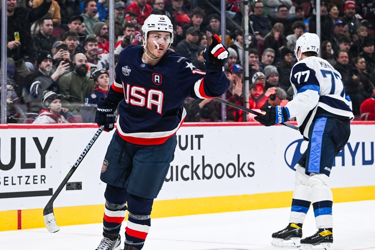 Feb 13, 2025; Montreal, Quebec, CAN; [Imagn Images direct customers only] Team USA forward Matthew Tkachuk (19) celebrates his goal against Team Finland in the third period during a 4 Nations Face-Off ice hockey game at Bell Centre. Mandatory Credit: David Kirouac-Imagn Images