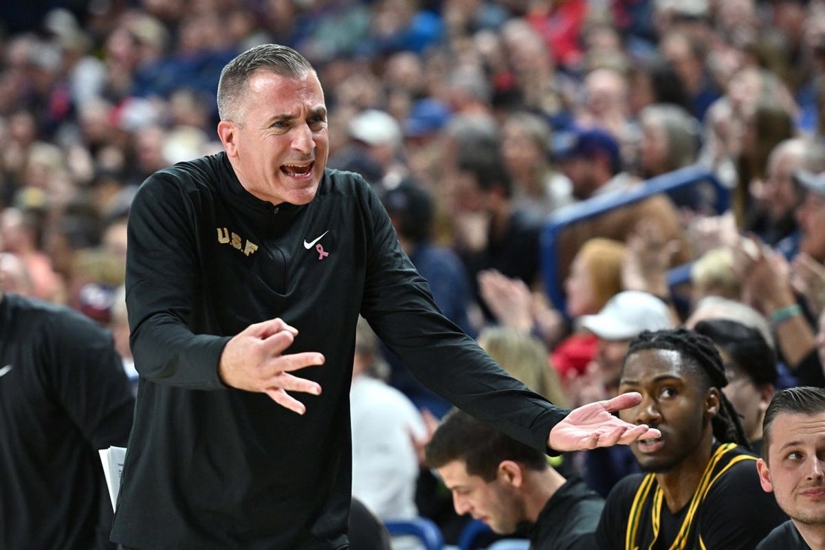 Feb 13, 2025; Spokane, Washington, USA; San Francisco Dons head coach Chris Gerlufsen reacts after a play during the first half against the Gonzaga Bulldogs at McCarthey Athletic Center. Mandatory Credit: James Snook-Imagn Images