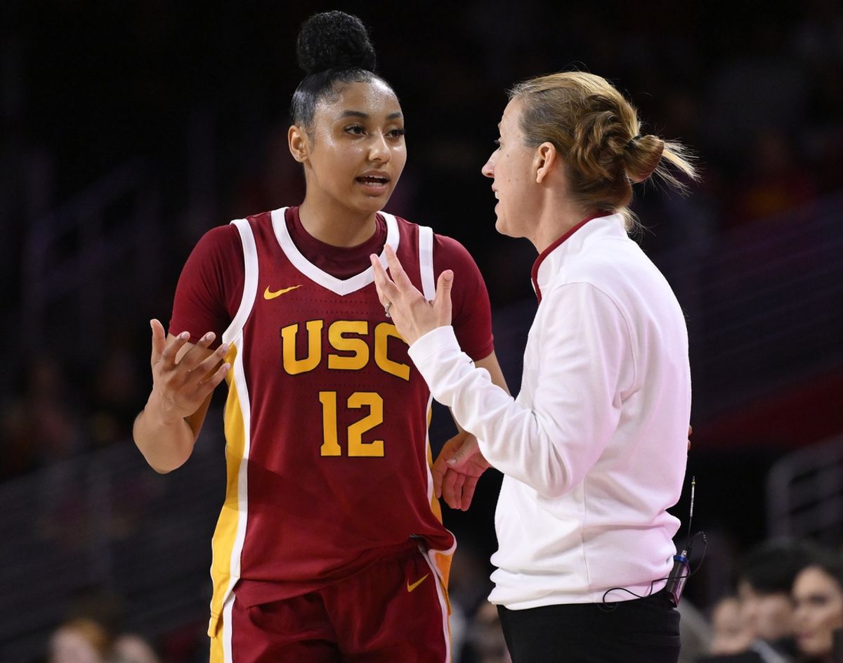 Feb 13, 2025; Los Angeles, California, USA; USC Trojans guard JuJu Watkins (12) and head coach Lindsay Gottlieb during the second half against the UCLA Bruins at Galen Center. Mandatory Credit: Robert Hanashiro-Imagn Images