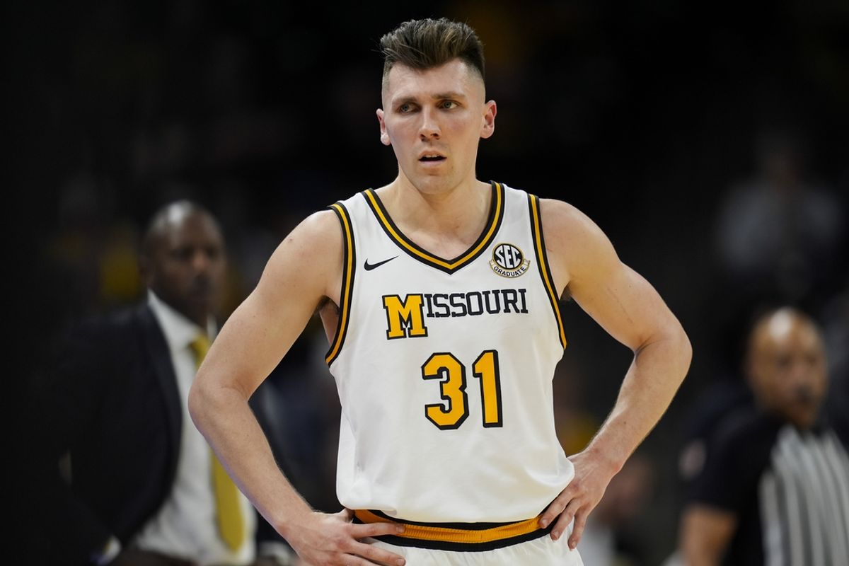 Feb 12, 2025; Columbia, Missouri, USA; Missouri Tigers guard Caleb Grill (31) reacts during the second half against the Oklahoma Sooners at Mizzou Arena. Mandatory Credit: Jay Biggerstaff-Imagn Images