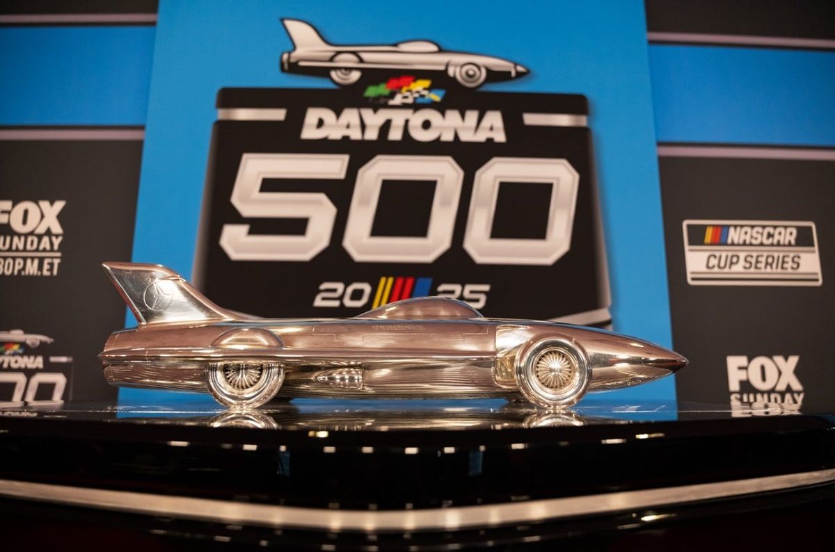 Feb 12, 2025; Daytona Beach, Florida, USA; Detailed view of the The Harley J Earl trophy NASCAR Cup Series Daytona 500 media day at Daytona International Speedway. Mandatory Credit: Mark J. Rebilas-Imagn Images