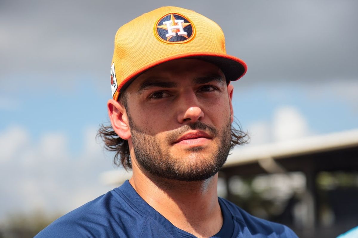 Feb 14, 2025; West Palm Beach, FL, USA; Houston Astros starting pitcher Lance McCullers Jr. (43) talks to reporters after a spring training workout at CACTI Park of the Palm Beaches. Mandatory Credit: Sam Navarro-Imagn Images