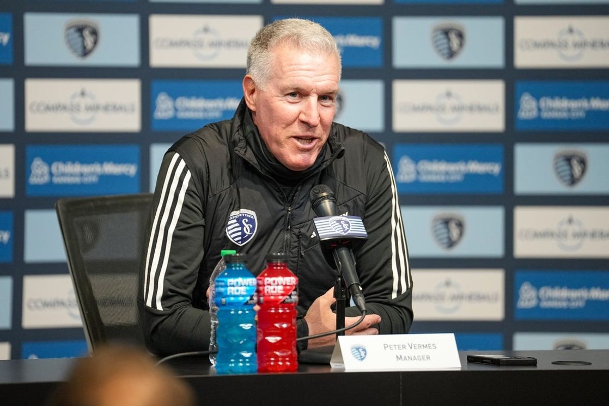 Feb 14, 2025; Kansas City, Kansas, USA; Sporting Kansas City manager Peter Vermes speaks to media during the Sporting Kansas City Media Day at Children's Mercy Park. Mandatory Credit: Denny Medley-Imagn Images