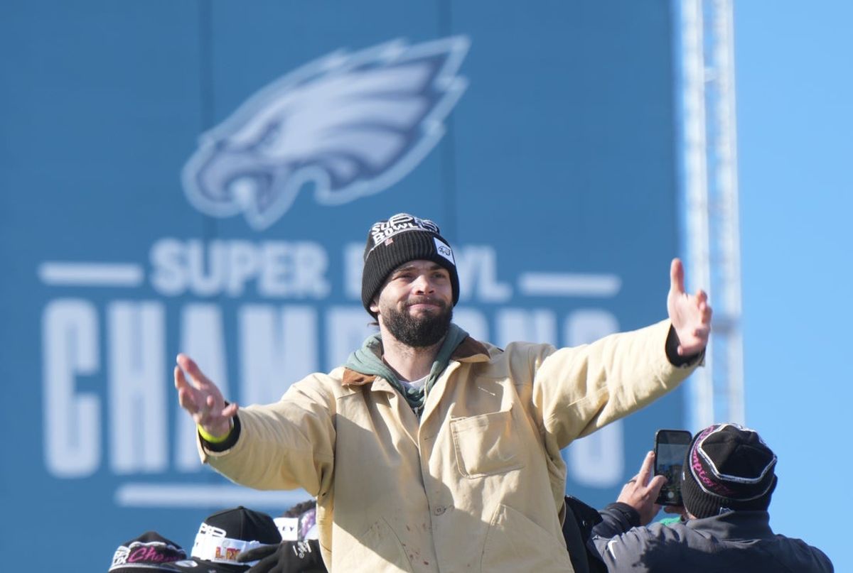 Feb 14, 2025; Philadelphia, PA, USA; Philadelphia Eagles tight end Dallas Goedert (88)  reacts during the Super Bowl LIX championship parade and rally. Mandatory Credit: Kirby Lee-Imagn Images