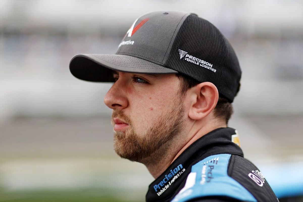 Feb 14, 2025; Daytona Beach, Florida, USA; NASCAR Truck Series driver Kaden Honeycutt (45) during qualifying for the Fresh From Floria 250 at Daytona International Speedway. Mandatory Credit: Peter Casey-Imagn Images