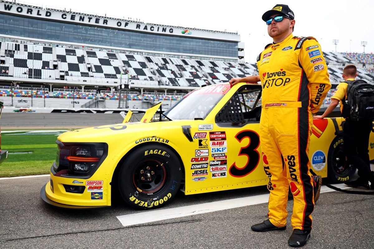 Feb 14, 2025; Daytona Beach, Florida, USA; NASCAR Truck Series driver Layne Riggs (34) during qualifying for the Fresh From Floria 250 at Daytona International Speedway. Mandatory Credit: Peter Casey-Imagn Images