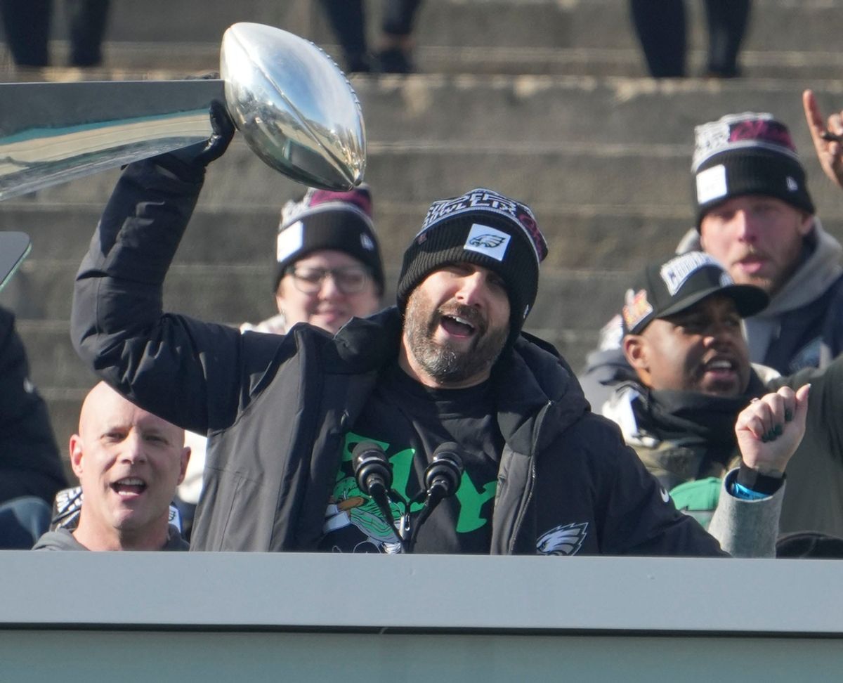 Eagles head coach Nick Sirianni wields the Vince Lombardi trophy during the Philadelphia Eagles Super Bowl celebration in front of the Philadelphia Museum of Art, Friday, Feb. 14, 2025.