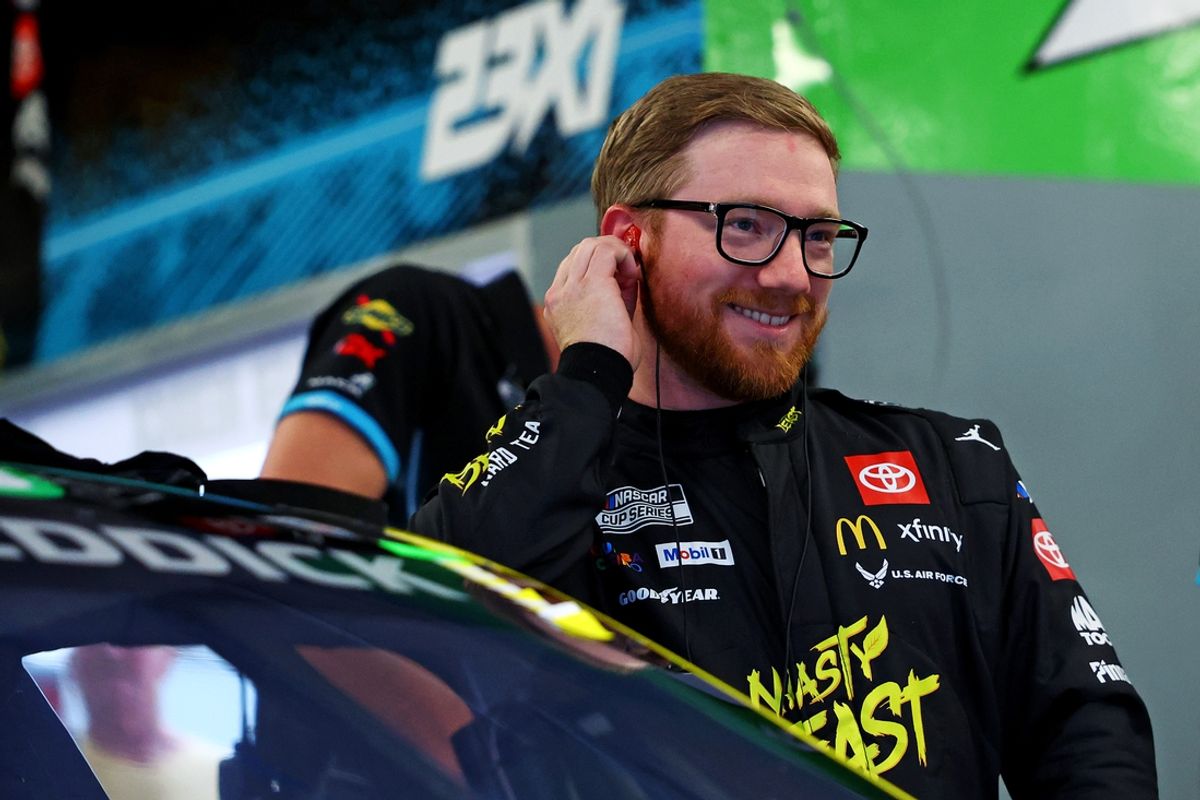 Feb 14, 2025; Daytona Beach, Florida, USA; NASCAR Cup Series driver Tyler Reddick (45) during practice for the Daytona 500 at Daytona International Speedway. Mandatory Credit: Peter Casey-Imagn Images