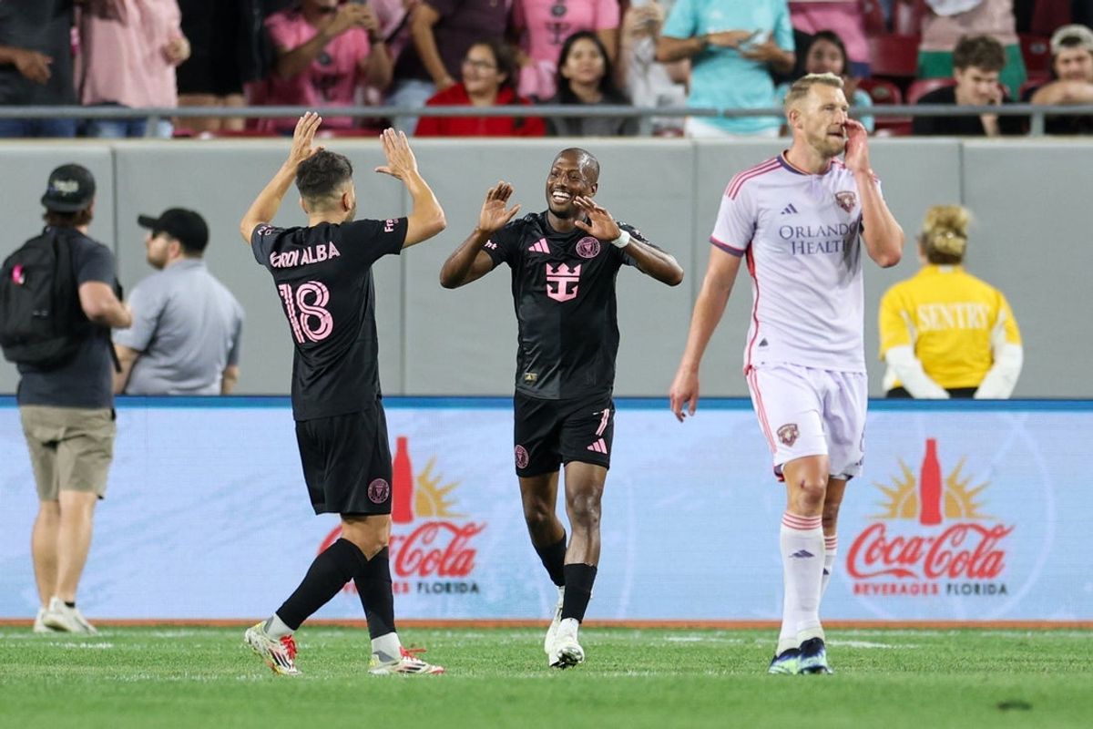 Feb 14, 2025; Tampa, FL, USA; Inter Miami CF forward Fafa Picault (7) celebrates after scoring a goal against Orlando City in the second half at Raymond James Stadium. Mandatory Credit: Nathan Ray Seebeck-Imagn Images