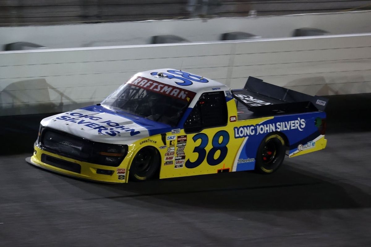 Feb 14, 2025; Daytona Beach, Florida, USA; NASCAR Truck Series driver Chandler Smith (38) leads the field during the Fresh From Florida 250 at Daytona International Speedway. Mandatory Credit: Peter Casey-Imagn Images