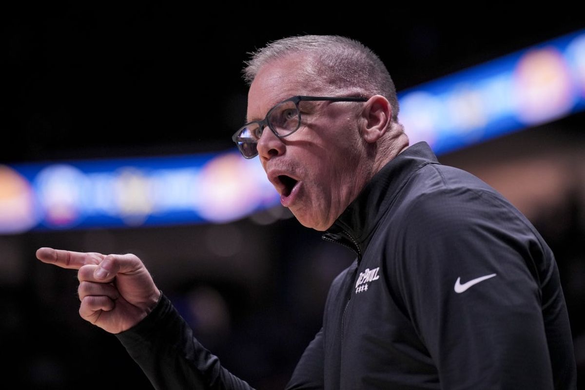 Feb 15, 2025; Cincinnati, Ohio, USA;  DePaul Blue Demons head coach Chris Holtmann reacts from the sideline against the Xavier Musketeers in the first half at the Cintas Center. Mandatory Credit: Aaron Doster-Imagn Images