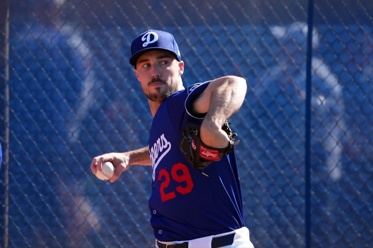 Feb 15, 2025; Glendale, AZ, USA; Los Angeles Dodgers pitcher Michael Grove (29) throws during a Spring Training workout at Camelback Ranch. Mandatory Credit: Joe Camporeale-Imagn Images