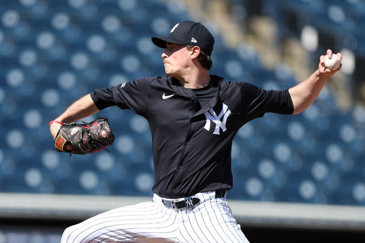 Feb 15, 2025; Tampa, FL, USA; New York Yankees pitcher Max Fried (54) participates in spring training workouts at George M. Steinbrenner Field. Mandatory Credit: Nathan Ray Seebeck-Imagn Images