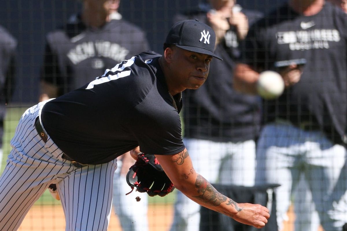 Feb 15, 2025; Tampa, FL, USA; New York Yankees starting pitcher Luis Gil (81) participates in spring training workouts at George M. Steinbrenner Field. Mandatory Credit: Nathan Ray Seebeck-Imagn Images