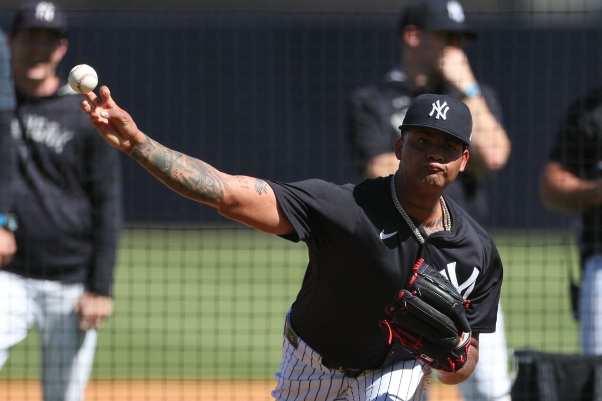 Feb 15, 2025; Tampa, FL, USA; New York Yankees starting pitcher Luis Gil (81) participates in spring training workouts at George M. Steinbrenner Field. Mandatory Credit: Nathan Ray Seebeck-Imagn Images