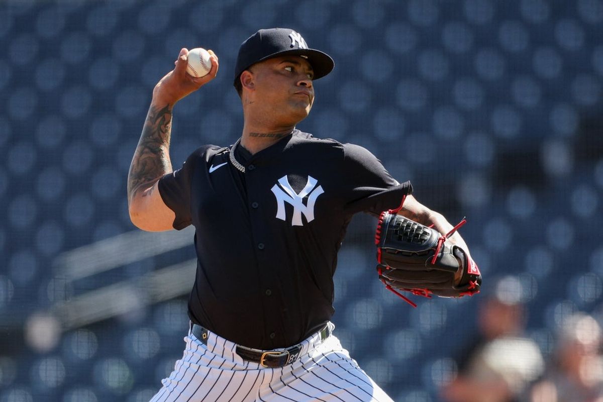 Feb 15, 2025; Tampa, FL, USA; New York Yankees starting pitcher Luis Gil (81) participates in spring training workouts at George M. Steinbrenner Field. Mandatory Credit: Nathan Ray Seebeck-Imagn Images