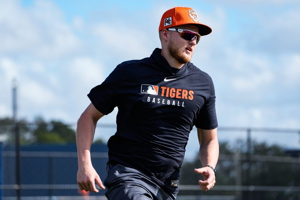 Detroit Tigers outfielder Parker Meadows runs during spring training at TigerTown in Lakeland, Fla. on Saturday, Feb. 15, 2025.