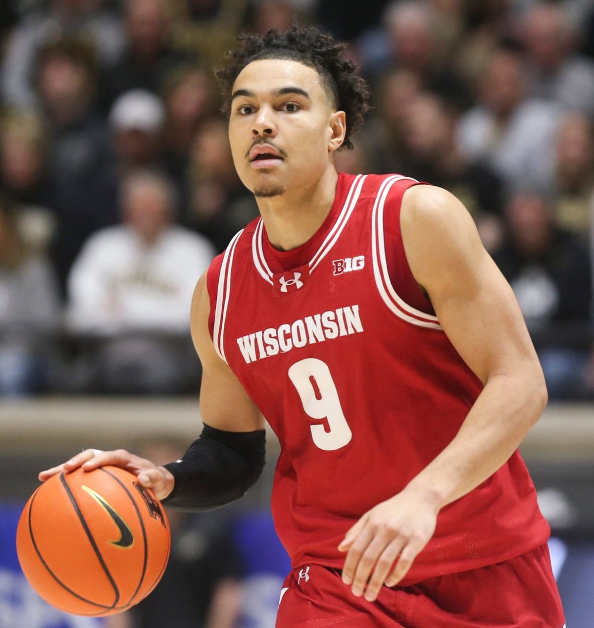 Wisconsin Badgers guard John Tonje (9) drives to the basket Saturday, Feb. 15, 2025, during the NCAA men’s basketball game against the Purdue Boilermakers at Mackey Arena in West Lafayette, Ind.