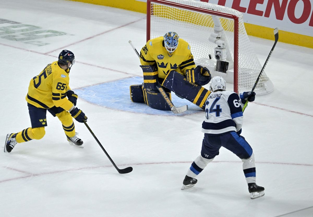 Feb 15, 2025; Montreal, Quebec, CAN; [Imagn Images direct customers only] Team Finland forward Mikael Granlund (64) scores the winning goal against Team Sweden goalie Linus Ullmark (35) in the overtime period during a 4 Nations Face-Off ice hockey game at the Bell Centre. Mandatory Credit: Eric Bolte-Imagn Images