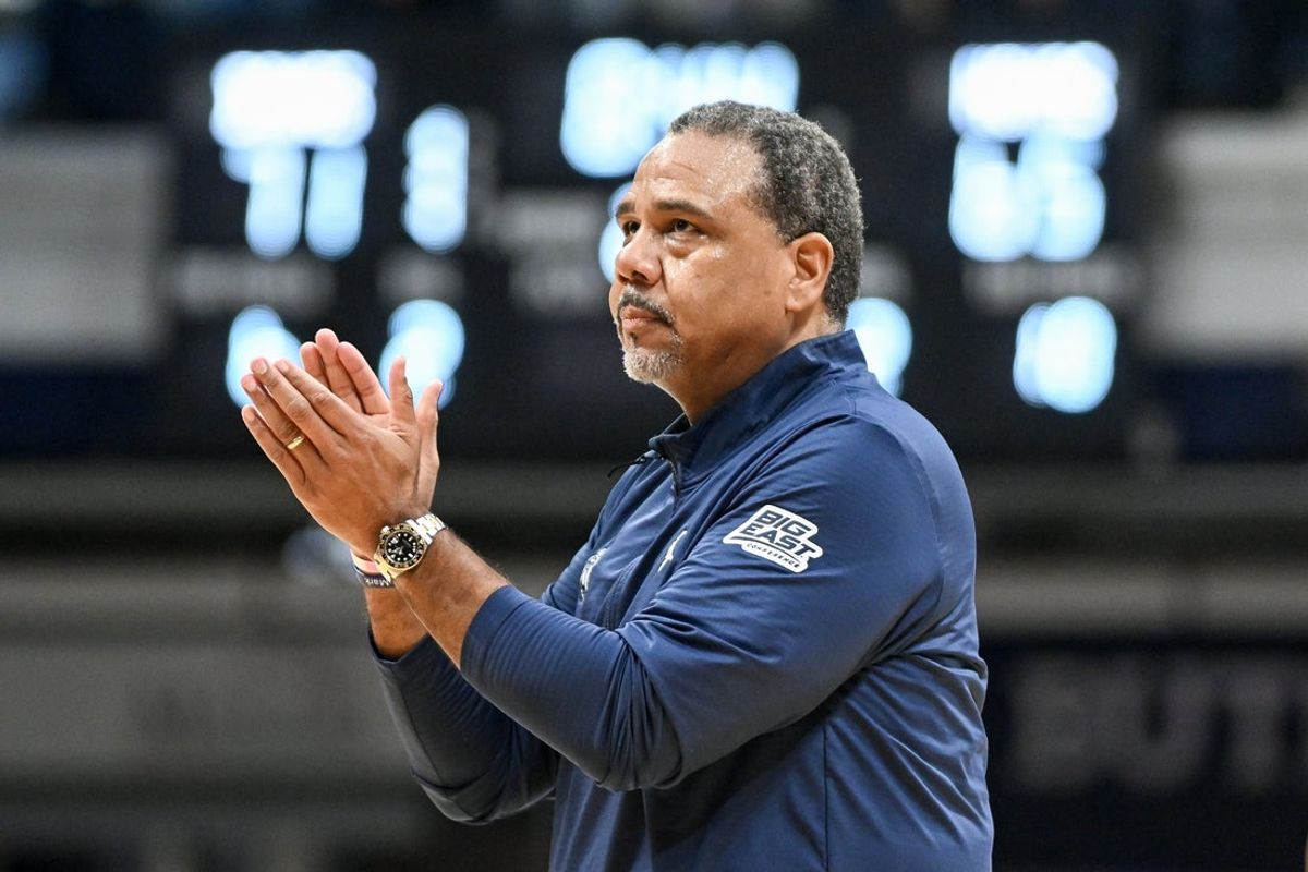 Feb 15, 2025; Indianapolis, Indiana, USA; Georgetown Hoyas head coach Ed Cooley claps his hands during a timeout during the second half against the Butler Bulldogs at Hinkle Fieldhouse. Mandatory Credit: Robert Goddin-Imagn Images