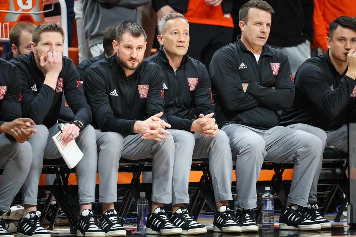 Feb 15, 2025; Stillwater, Oklahoma, USA; Texas Tech Red Raiders coach Grant McCasland on the bench during the game against the Oklahoma State Cowboys at Gallagher-Iba Arena. Mandatory Credit: William Purnell-Imagn Images