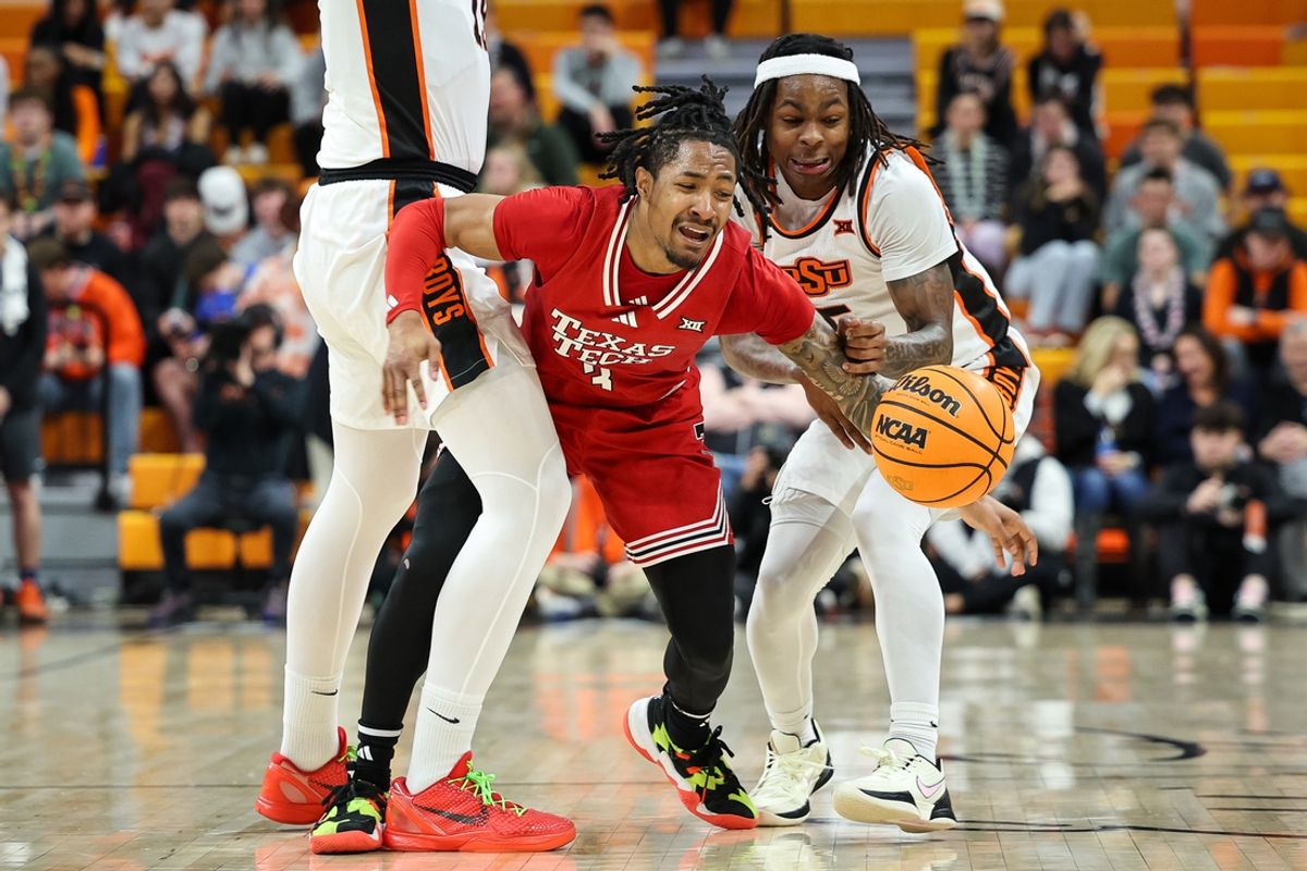 Feb 15, 2025; Stillwater, Oklahoma, USA; Texas Tech Red Raiders guard Christian Anderson (4) trapped during the second half against the Oklahoma State Cowboys at Gallagher-Iba Arena. Mandatory Credit: William Purnell-Imagn Images