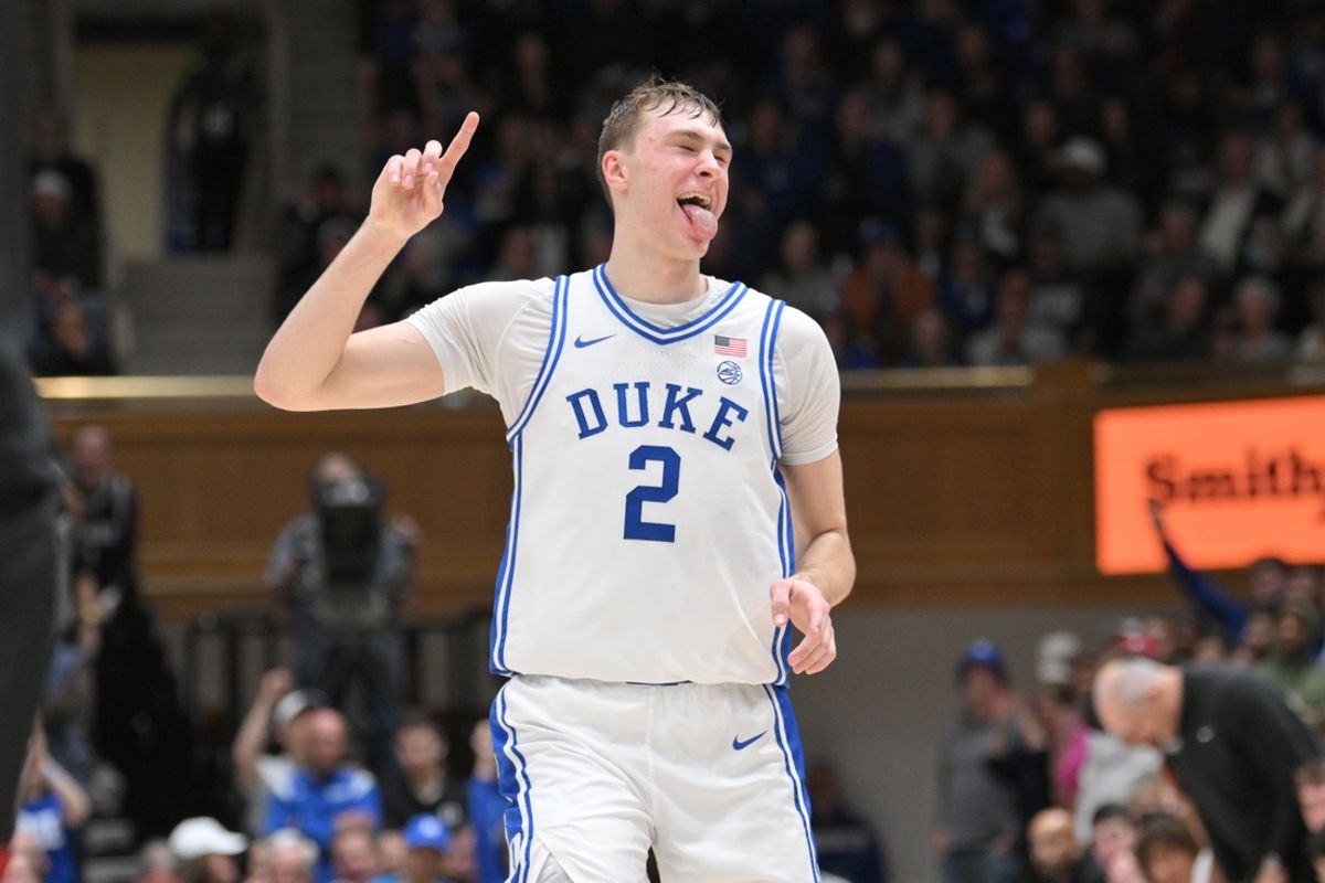 Feb 15, 2025; Durham, North Carolina, USA;  Duke Blue Devils forward Cooper Flagg (2) celebrating after scoring against the Stanford Cardinal during the second half at Cameron Indoor Stadium. Mandatory Credit: Zachary Taft-Imagn Images