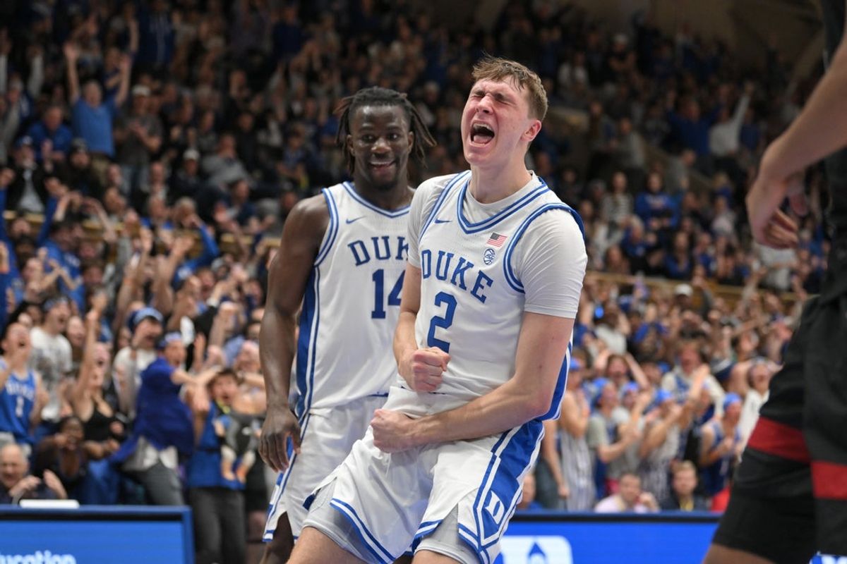 Feb 15, 2025; Durham, North Carolina, USA;  Duke Blue Devils forward Cooper Flagg (2) celebrating after dunking against the Stanford Cardinal during the second half at Cameron Indoor Stadium. Mandatory Credit: Zachary Taft-Imagn Images