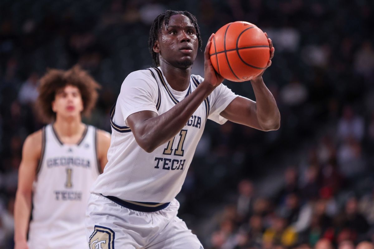 Feb 15, 2025; Atlanta, Georgia, USA; Georgia Tech Yellow Jackets forward Baye Ndongo (11) shoots a free throw against the California Golden Bears in the second half at McCamish Pavilion. Mandatory Credit: Brett Davis-Imagn Images