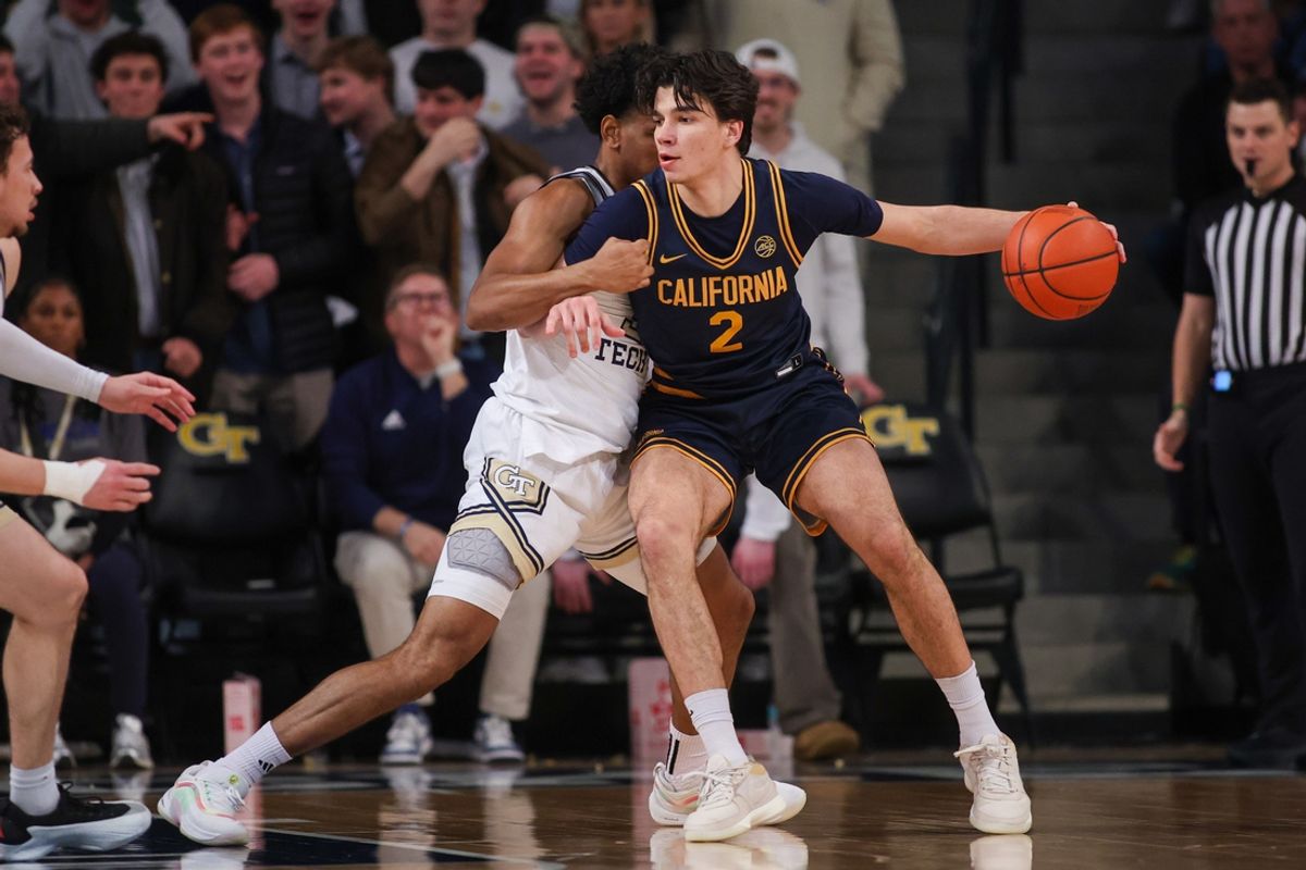 Feb 15, 2025; Atlanta, Georgia, USA; California Golden Bears guard Andrej Stojakovic (2) handles the ball against the Georgia Tech Yellow Jackets in the second half at McCamish Pavilion. Mandatory Credit: Brett Davis-Imagn Images
