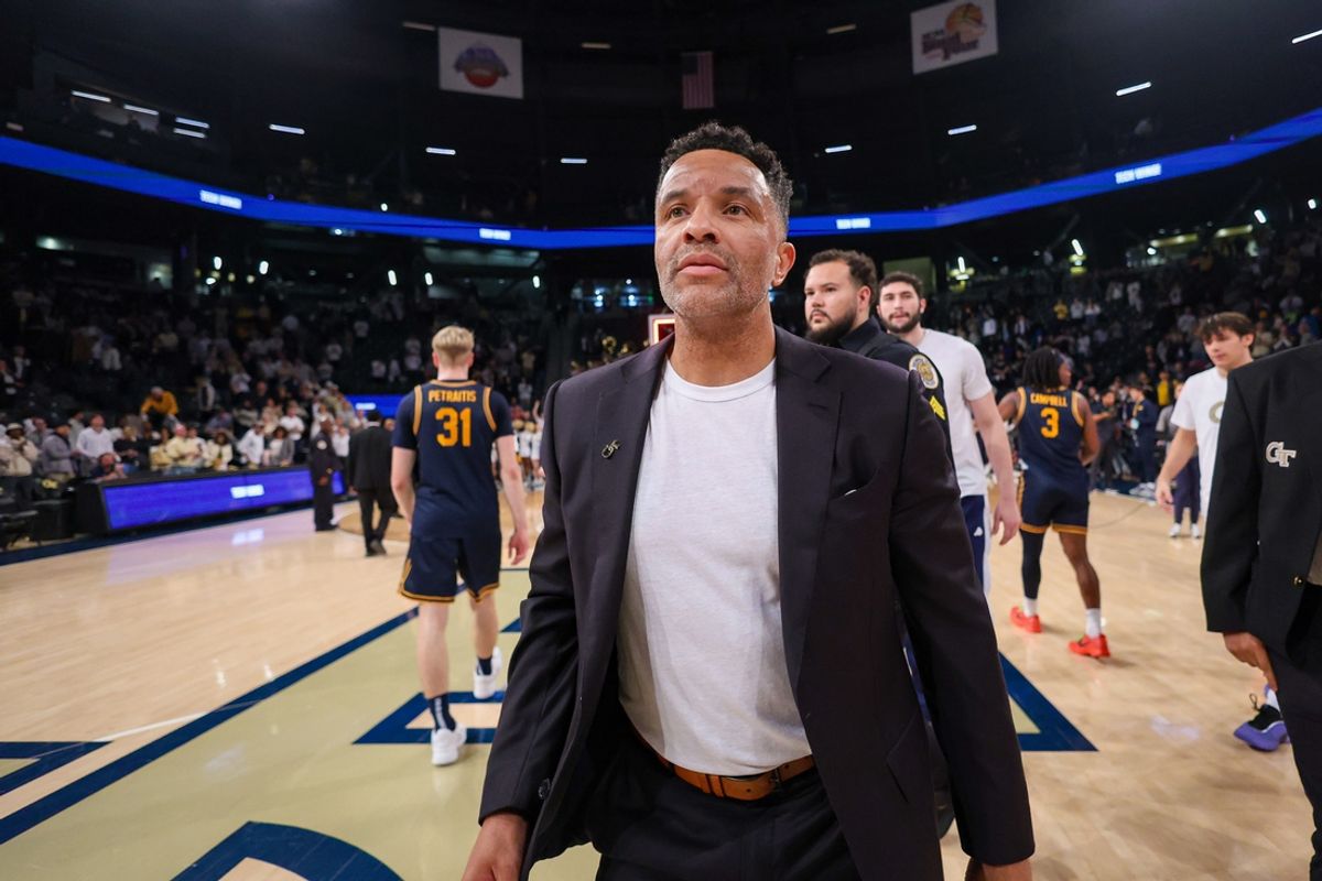 Feb 15, 2025; Atlanta, Georgia, USA; Georgia Tech Yellow Jackets head coach Damon Stoudamire after an overtime victory over the California Golden Bears at McCamish Pavilion. Mandatory Credit: Brett Davis-Imagn Images