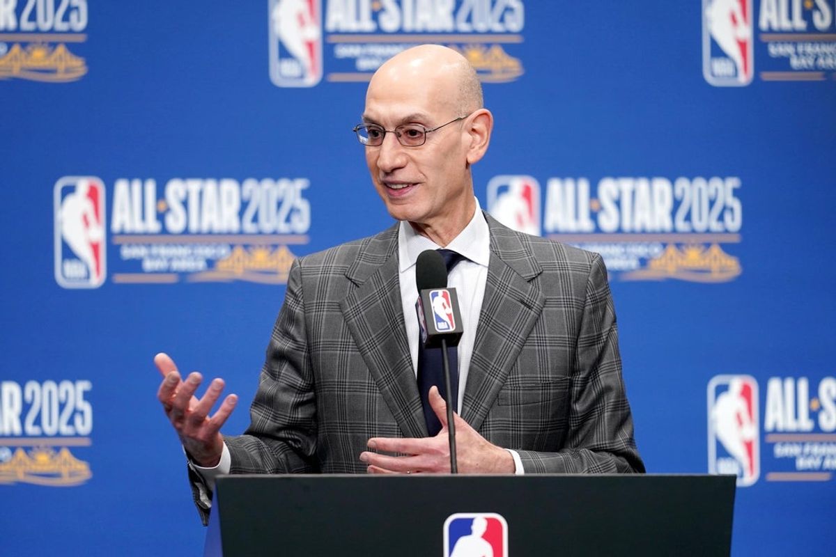 Feb 15, 2025; San Francisco, CA, USA; NBA commissioner Adam Silver speaks in a press conference during All Star Saturday Night ahead of the 2025 NBA All Star Game at Chase Center. Mandatory Credit: Cary Edmondson-Imagn Images
