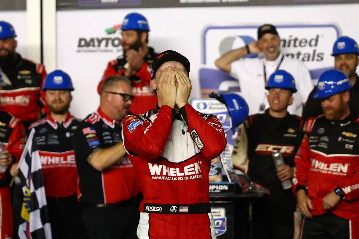 Feb 15, 2025; Daytona Beach, Florida, USA;  Xfinity Series driver Jesse Love (2) reacts in victory lane after winning the United Rentals 300 at Daytona International Speedway. Mandatory Credit: Peter Casey-Imagn Images