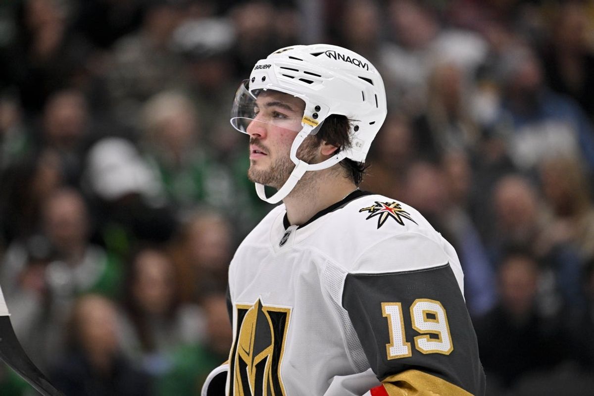 Jan 24, 2025; Dallas, Texas, USA; Vegas Golden Knights center Brendan Brisson (19) in action during the game between the Dallas Stars and the Vegas Golden Knights at the American Airlines Center. Mandatory Credit: Jerome Miron-Imagn Images