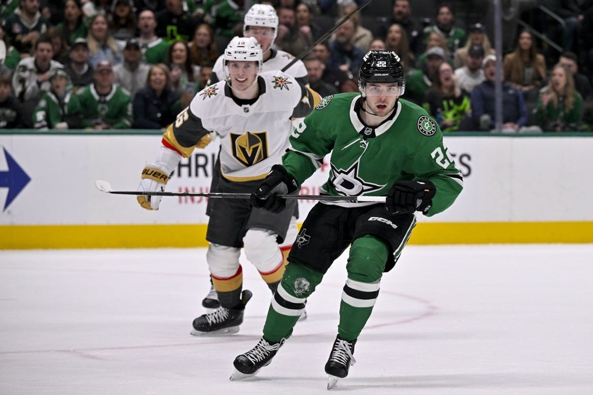 Jan 24, 2025; Dallas, Texas, USA; Dallas Stars center Mavrik Bourque (22) in action during the game between the Dallas Stars and the Vegas Golden Knights at the American Airlines Center. Mandatory Credit: Jerome Miron-Imagn Images