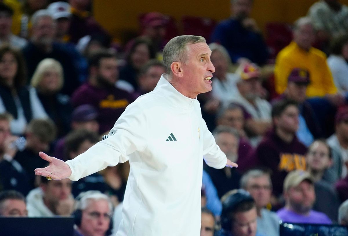 Arizona State head coach Bobby Hurley argues a call against TCU during a game at Desert Financial Arena in Tempe on Feb. 15, 2025.