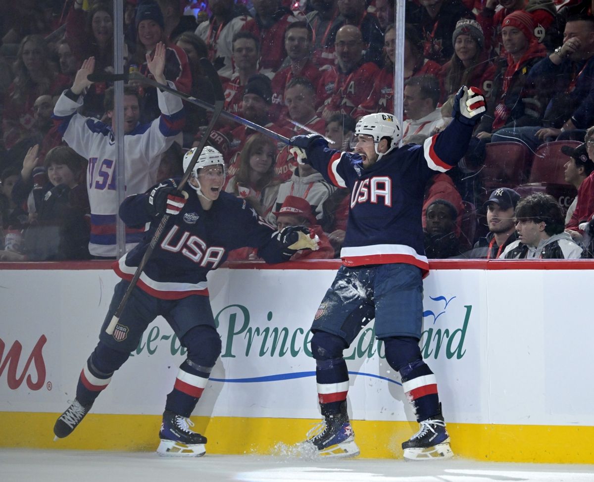 Feb 15, 2025; Montreal, Quebec, CAN; [Imagn Images direct customers only] Team United States forward Dylan Larkin (21) celebrates after scoring a goal against Team Canada in the second period during a 4 Nations Face-Off ice hockey game at the Bell Centre. Mandatory Credit: Eric Bolte-Imagn Images