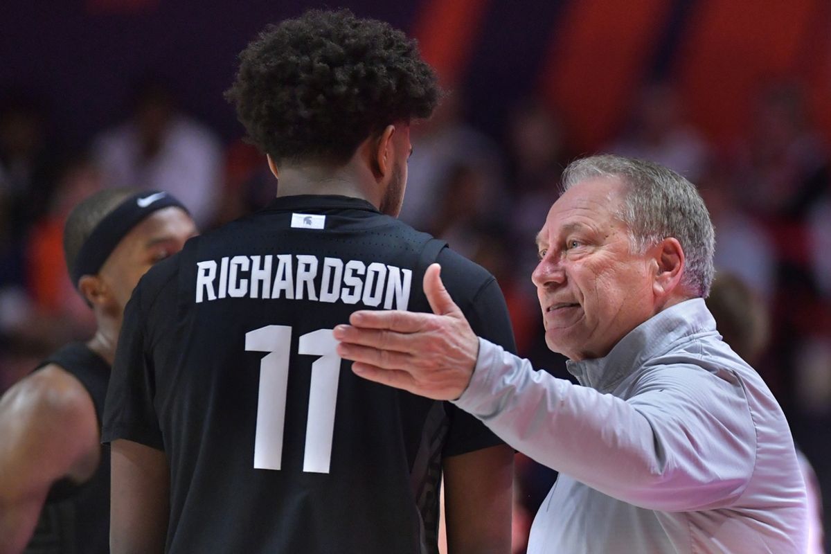 Feb 15, 2025; Champaign, Illinois, USA;  Michigan State Spartans head coach Tom Izzo talks with Michigan State Spartans guard Jase Richardson (11) during the second half at State Farm Center. Mandatory Credit: Ron Johnson-Imagn Images