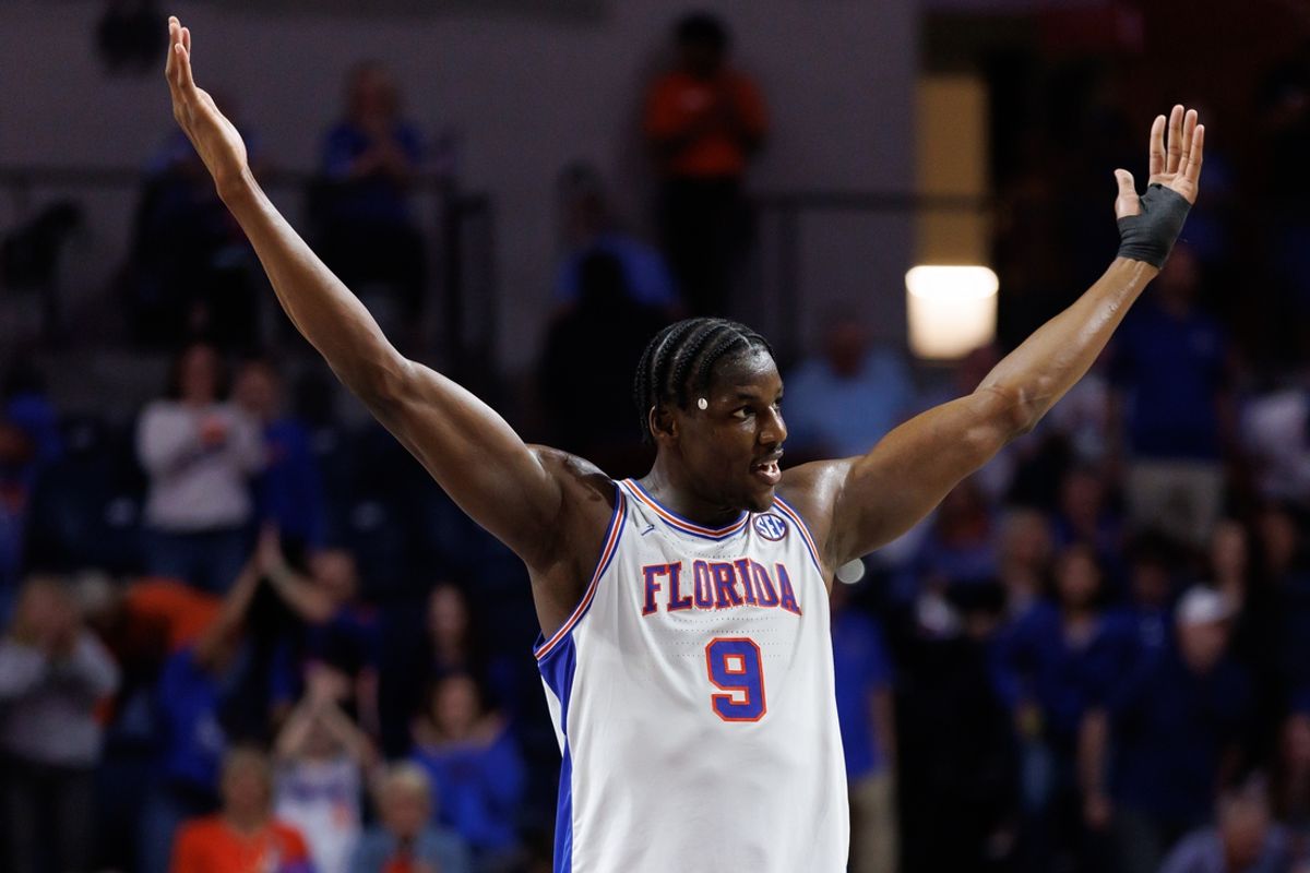 Feb 15, 2025; Gainesville, Florida, USA; Florida Gators center Rueben Chinyelu (9) gestures toward the crowd against the South Carolina Gamecocks during the second half at Exactech Arena at the Stephen C. O'Connell Center. Mandatory Credit: Matt Pendleton-Imagn Images