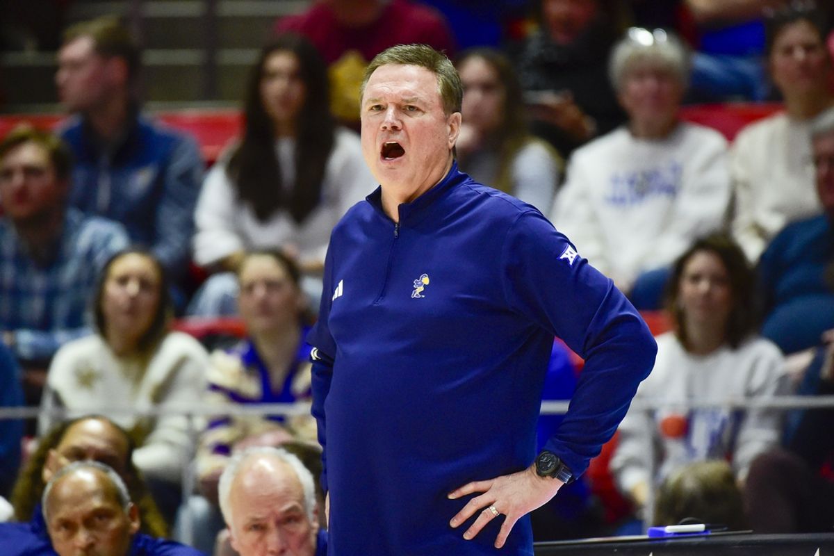 Feb 15, 2025; Salt Lake City, Utah, USA; Kansas Jayhawks head coach Bill Self reacts to a call against the Utah Utes during the first half at the Jon M. Huntsman Center. Mandatory Credit: Christopher Creveling-Imagn Images