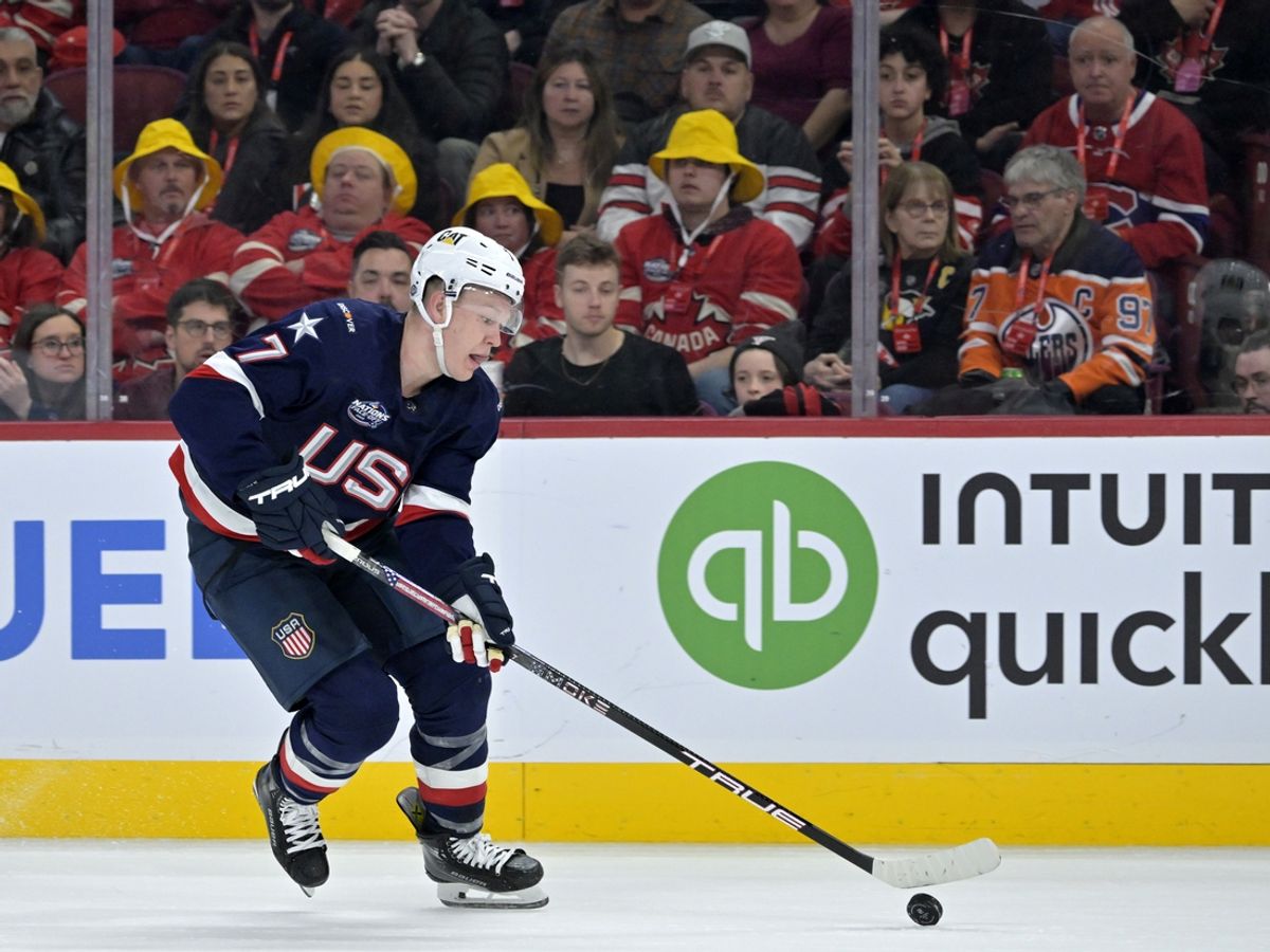 Feb 15, 2025; Montreal, Quebec, CAN; [Imagn Images direct customers only] Team United States forward Brady Tkachuk (7) plays the puck against Team Canada in the third period during a 4 Nations Face-Off ice hockey game at the Bell Centre. Mandatory Credit: Eric Bolte-Imagn Images
