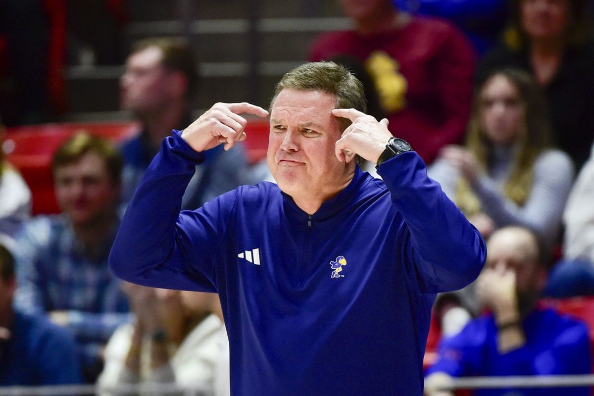 Feb 15, 2025; Salt Lake City, Utah, USA; Kansas Jayhawks head coach Bill Self calls a play against the Utah Utes during the first half at the Jon M. Huntsman Center. Mandatory Credit: Christopher Creveling-Imagn Images