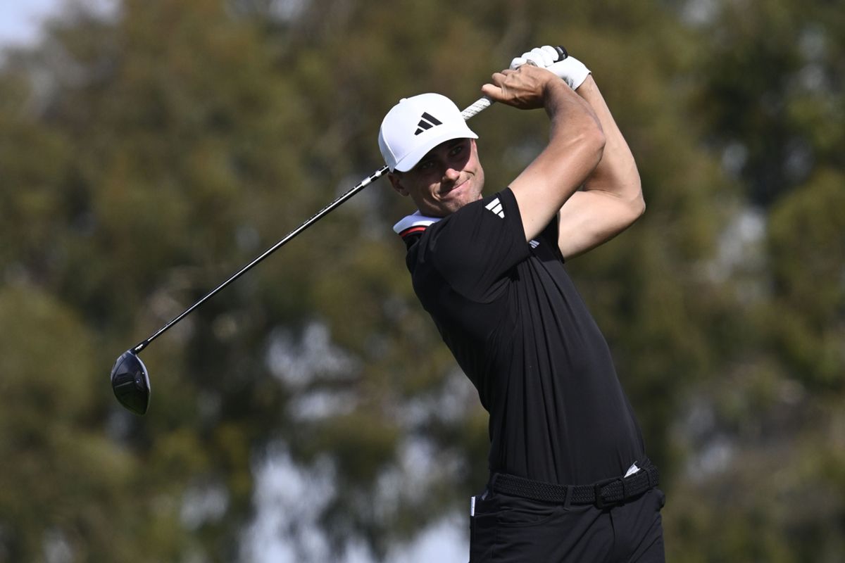 Feb 16, 2025; San Diego, California, USA; Ludvig Aberg hits his tee shot on the second hole during the final round of The Genesis Invitational golf tournament at Torrey Pines. Mandatory Credit: Denis Poroy-Imagn Images