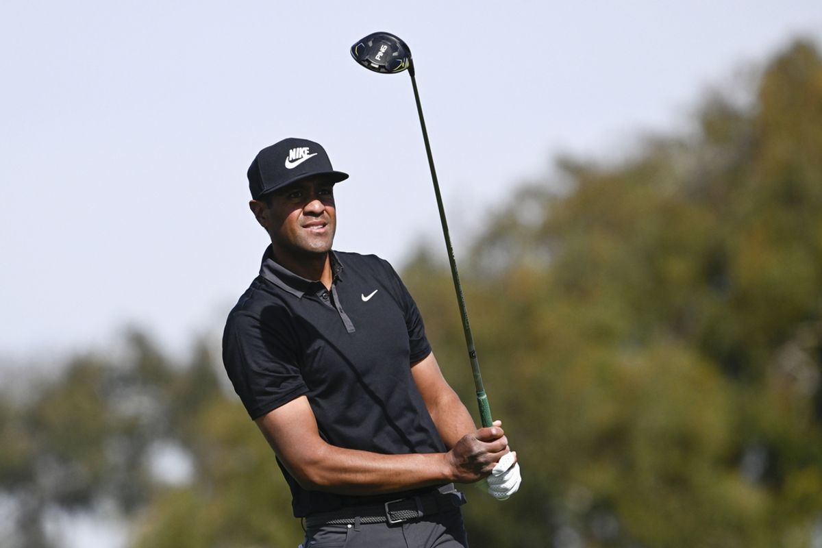 Feb 16, 2025; San Diego, California, USA; Tony Finau hits his tee shot on the second hole during the final round of The Genesis Invitational golf tournament at Torrey Pines. Mandatory Credit: Denis Poroy-Imagn Images